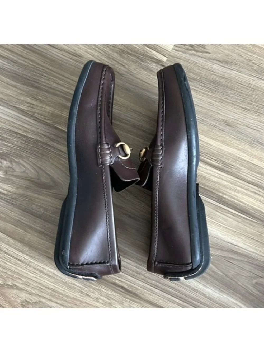 GUCCI Brown Leather Horsebit Driving Loafers Men's Back Heel Logo Rubber Sole